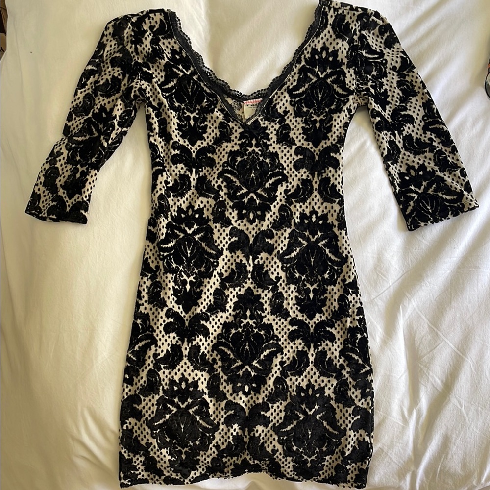 Free People Black and White Bodycon Dress 3/4 Sleeve Scoop Neck